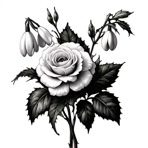 carnation and snowdrop,rose and honeysuckle,narcissus and holly western  tattoo design idea