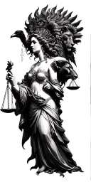 A gorgeous Empress holding the Libra scales with a Leo lion head and the Gemini twins on the right. a crow. tattoo design idea