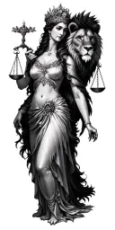 A gorgeous Empress holding the Libra scales with a Leo lion head and the Gemini twins on the right. a crow. tattoo design idea