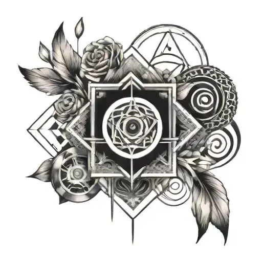 A geometric design incorporating the names Lola, Mathis, and Jérôme with symbols of love, music, and dreams tattoo design idea