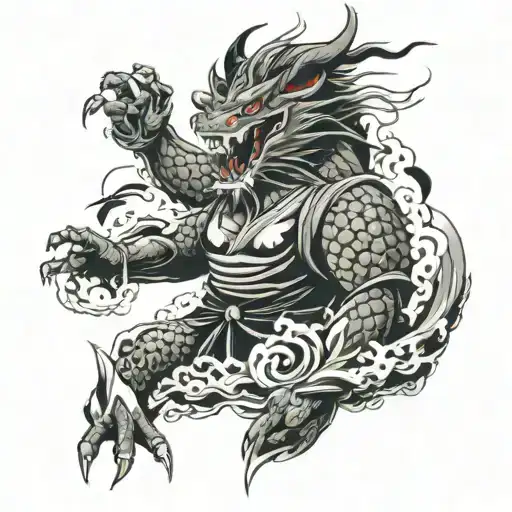 full arm sleeve with a dragon and samurai face morphing tattoo design idea