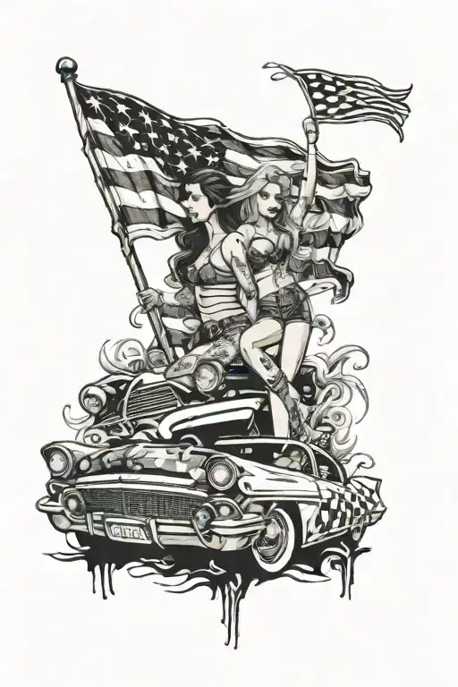 torn American flag morphing into checkered flag with 2 classic cars and girls posing on hood tattoo design idea