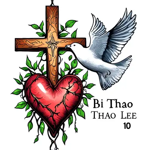 Fine line tattoo with a cross with some vines connected to a dove and connected to a heart with the name Bi Thao Lee 10. tattoo design idea