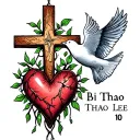 Fine line tattoo with a cross with some vines connected to a dove and connected to a heart with the name Bi Thao Lee 10. tattoo design idea