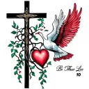 Fine line tattoo with a cross with some vines connected to a dove and connected to a heart with the name Bi Thao Lee 10. tattoo design idea