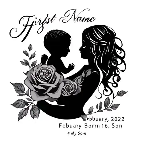first name of my son born on February 16, 2022 incorporated with roses or woman holding her child tattoo design idea