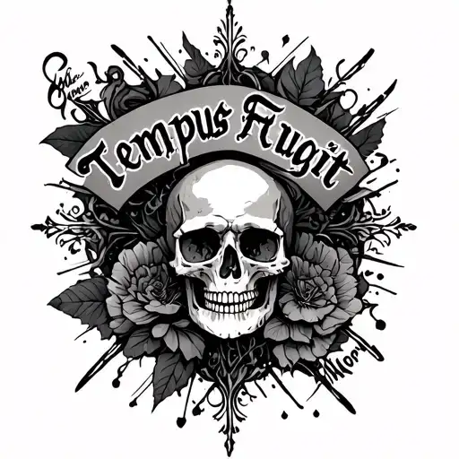 Tempus Fugit Memento Mori written with surrounding abstract details without skulls tattoo design idea
