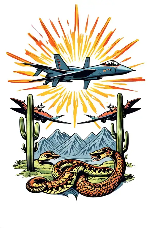 Arizona tattoo with fighter jets and cacti and diamondback rattle snake and scorpions with mountains and the sun  tattoo design idea