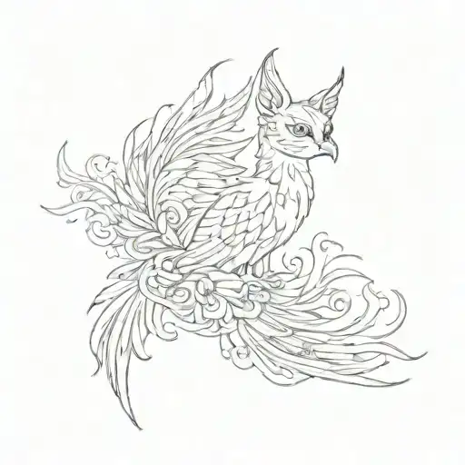 fine line tattoo of a Phoenix and a cat tattoo design idea