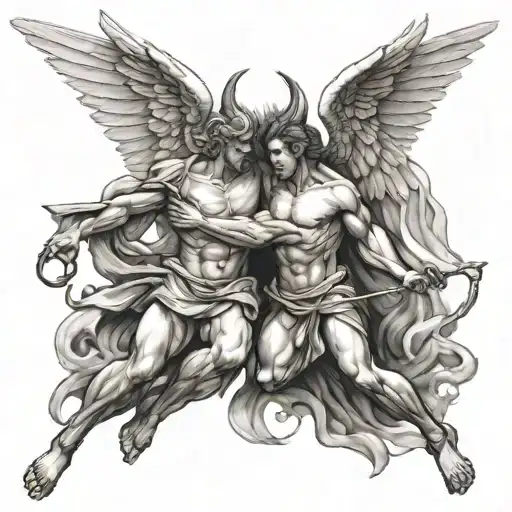 the angel alongside the demon, the battle between good and evil tattoo design idea