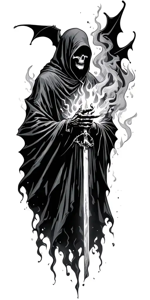 Hooded Reaper Silohuette, Smoke, Fire, Scary, Bat Wings tattoo design idea