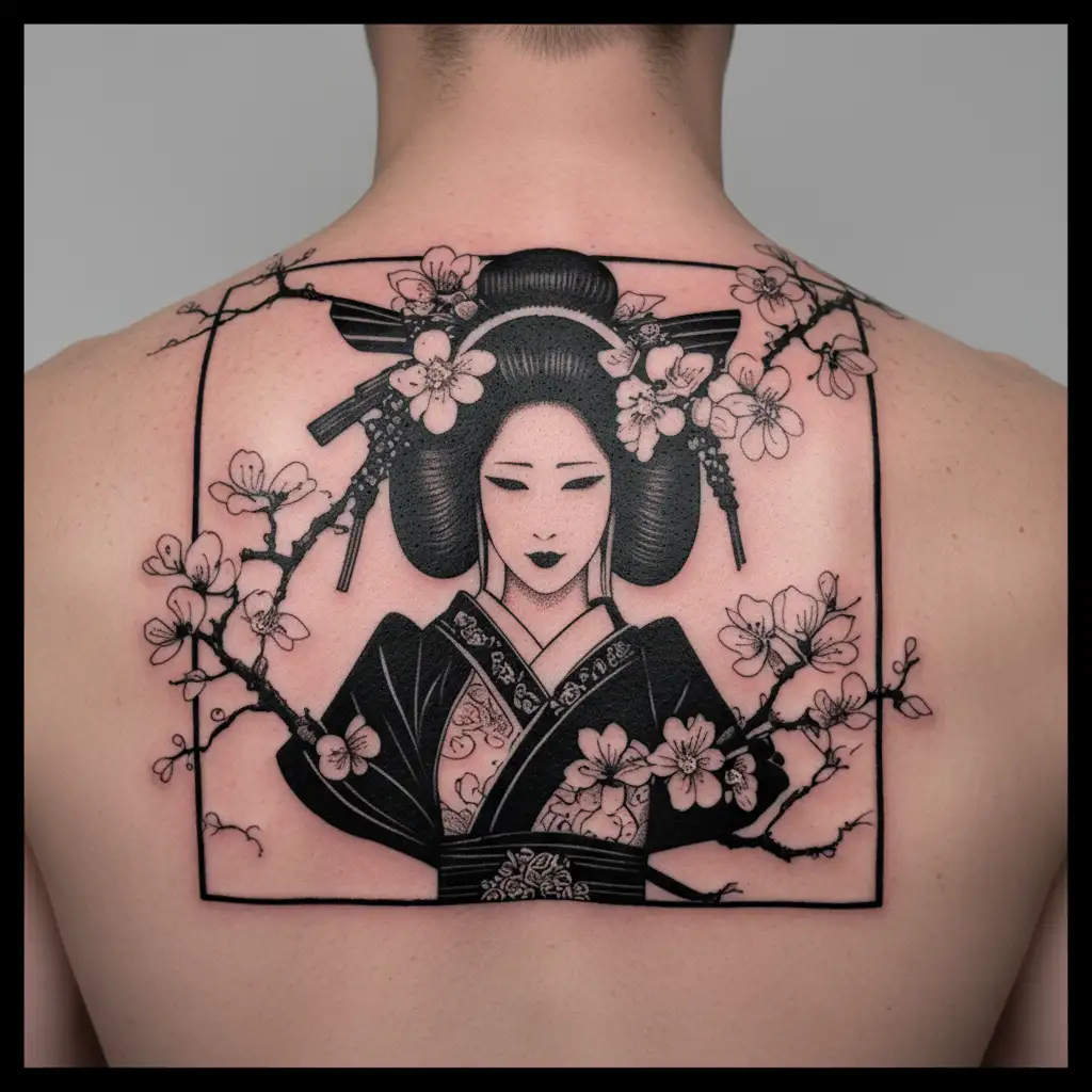 Japanese Geisha with cherry blossom flowers tattoo design idea