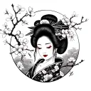 Japanese Geisha with cherry blossom flowers tattoo design idea