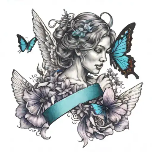 Angel holding teal ribbon and purple ribbon surrounded by flowers and butterflies facing death tattoo design idea