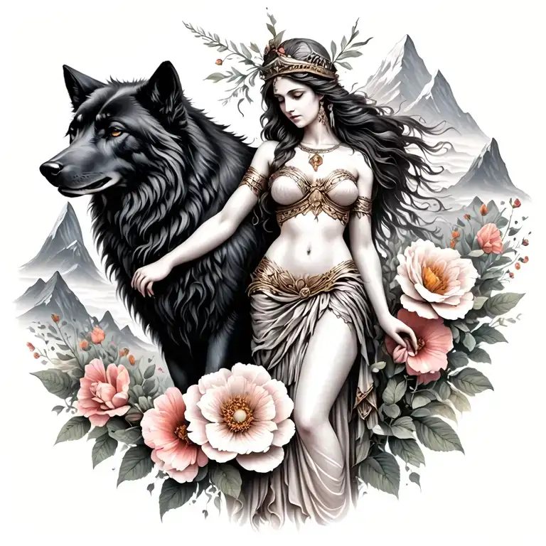 Athena sexy goddess surrounded by poeny flowers and black wolf with mountains  tattoo design idea