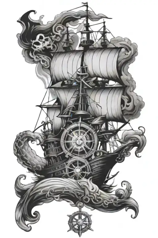 pirate ship, anchor, compass, travel, mermaid tattoo tattoo design idea