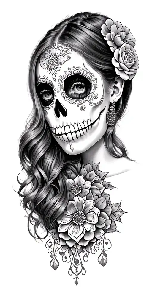 sugar skull girl face tattoo design idea