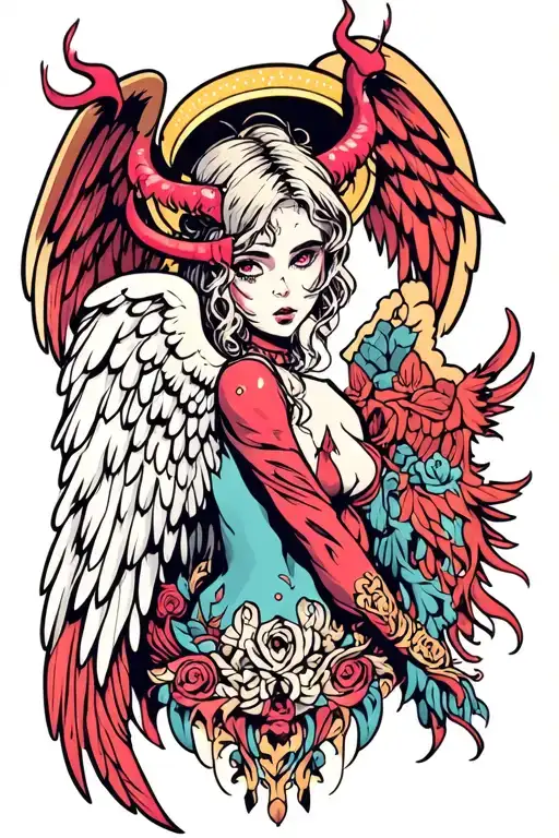 devil girl with angel halo and angel wings made tattoo design idea