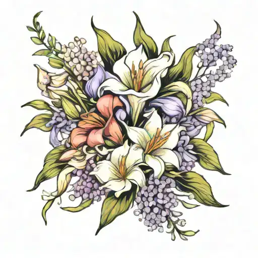 bouquet of Calla Lily, Tulips, Lilac, and lillies tattoo design idea