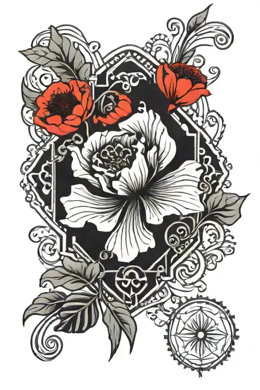 red art deco poppy flower surrounded by art deco ornaments, black and red tattoo design idea