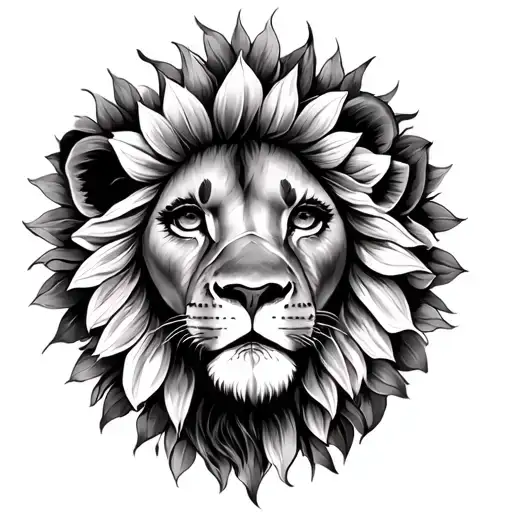 Sketch tattoo girl with a lion sunflower sun tattoo design idea