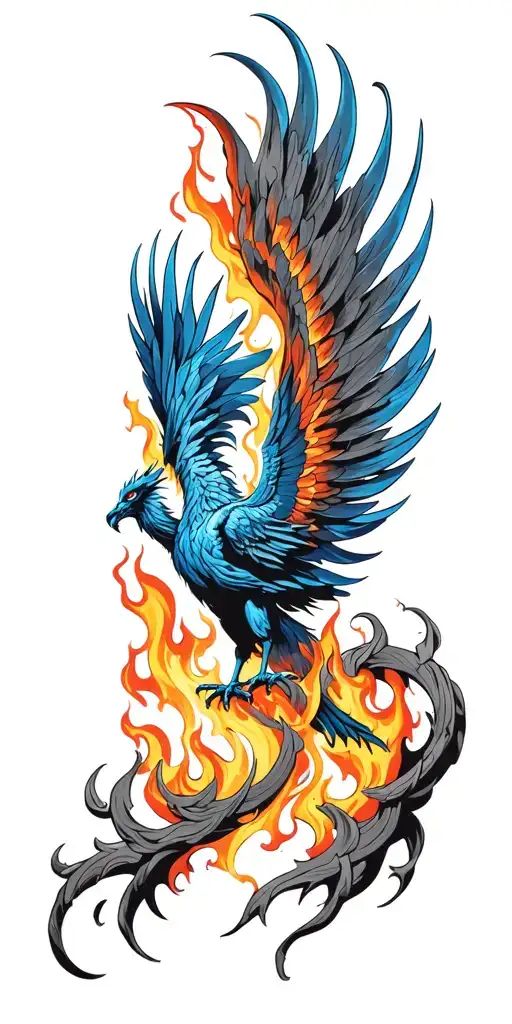 Blue Phoenix rising from flames surrounding tattoo design idea