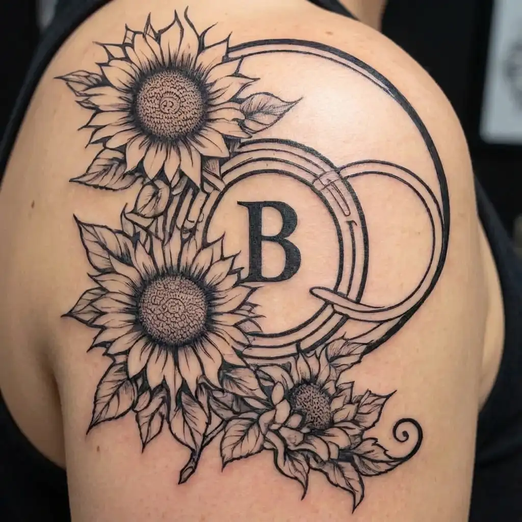Sunflowers and Horseshoes with the Initials "A", "D", "B", "S" tattoo design idea