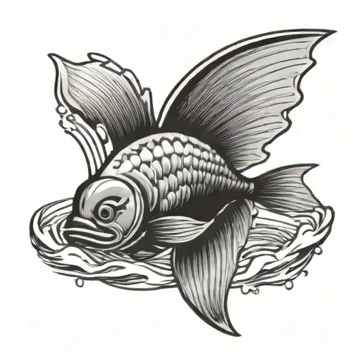 A black-grey tattoo of a swimming fish jumping out of the water with scout badges trailing behind it tattoo design idea