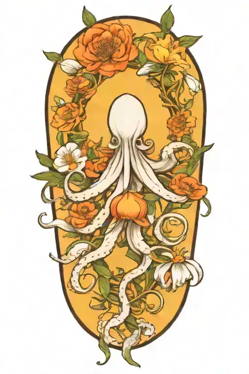 snowdrop, rose, marigold, octopus tentacles tattoo design idea