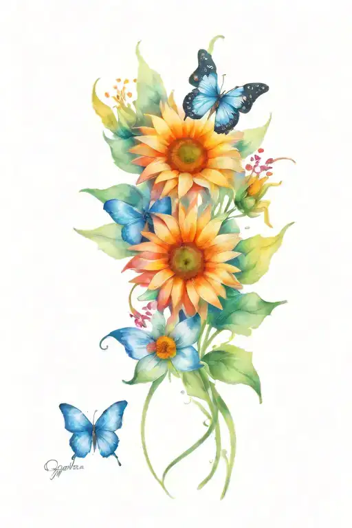 daisies butterfly sunflower intertwined tattoo design idea