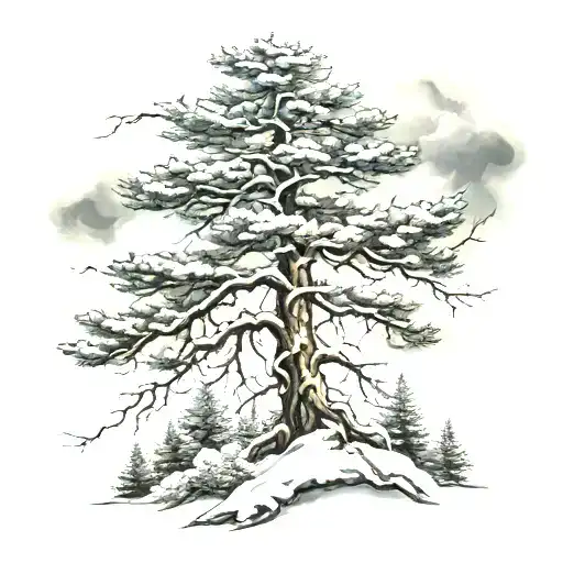 pine tree with winter storm clouds and lightning shooting down. add snowflakes too tattoo design idea