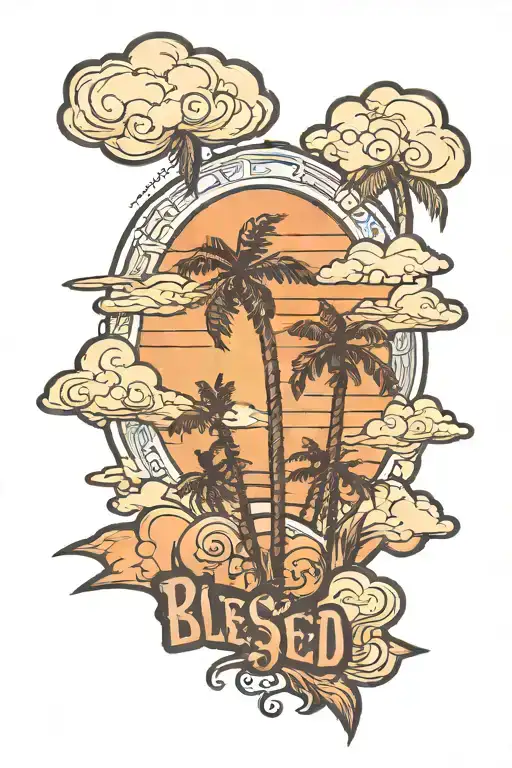 sunset sky, palm trees, blessed written, clouds, 444, tattoo design idea