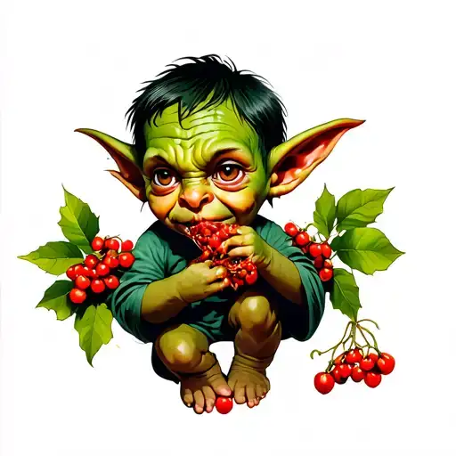 child goblin eating rowan berries tattoo design idea