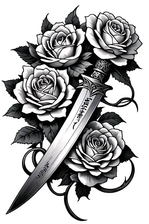 Chinese Blade and Roses tangled simbolizing war and fragility  tattoo design idea