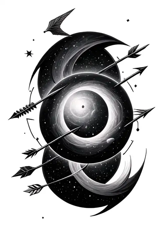 open enso circle along with zodiac arrows representing Sagittarius and cancer and incorporating the endless universe tattoo design idea
