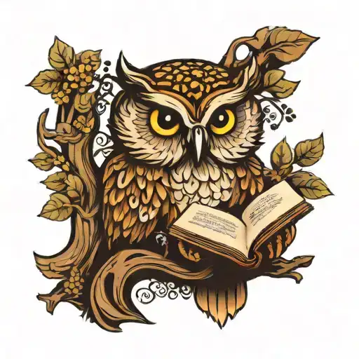 A wise owl reading a book under a tree with intricate patterns on its feathers tattoo design idea