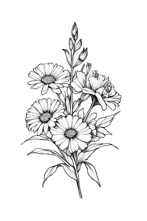 aster, carnation and Gladiolus flower tattoo design idea