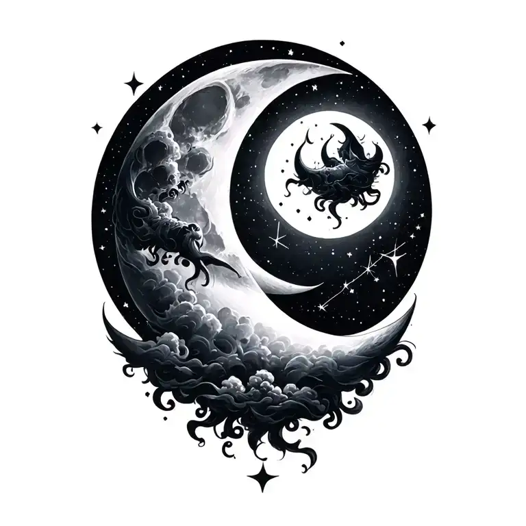 Two overlapping moons—one full, one crescent—surrounded by clouds and constellations. Toothless curls protectively aroun tattoo design idea