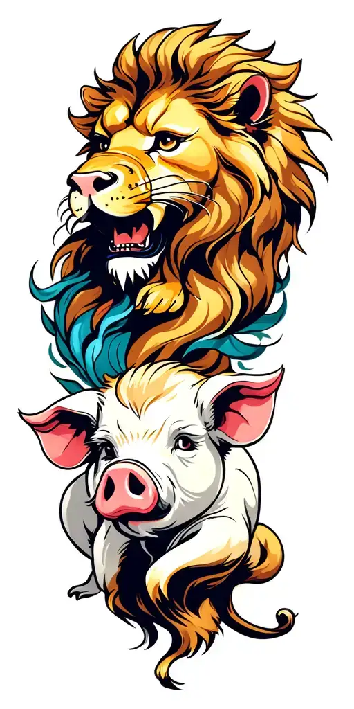 Leo and pig zodiac sign intertwined tattoo design idea