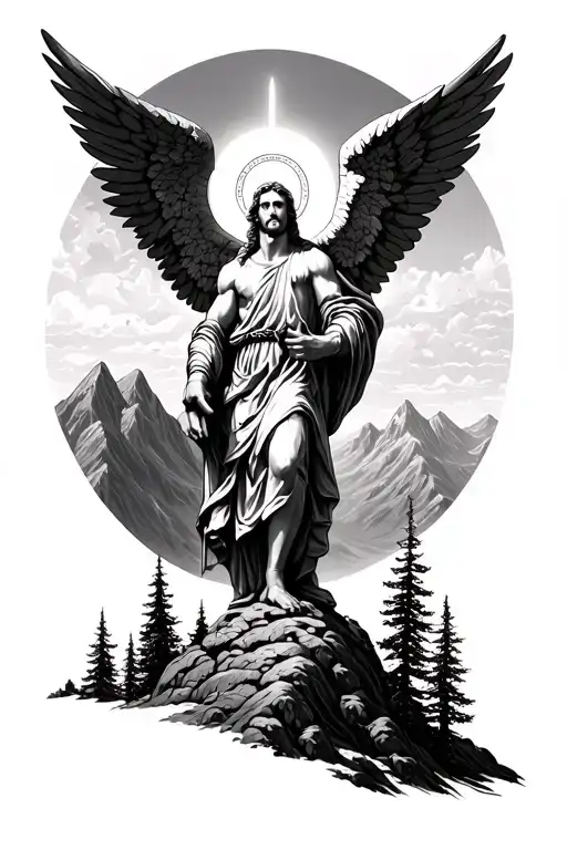 saint Michael and moutain range with trees tattoo design idea