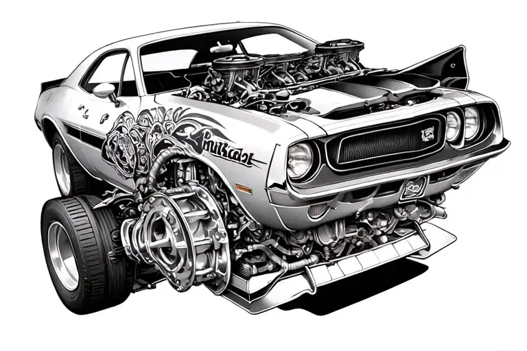 70s challenger muscle car engine tattoo design idea