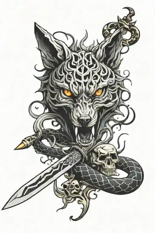 wolf and snake and skull and fire and knife and blood tattoo design idea