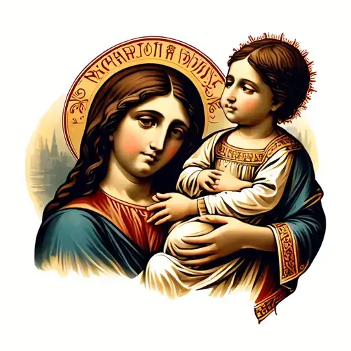 Mary holding baby jesus dark middle eastern skin tattoo design idea