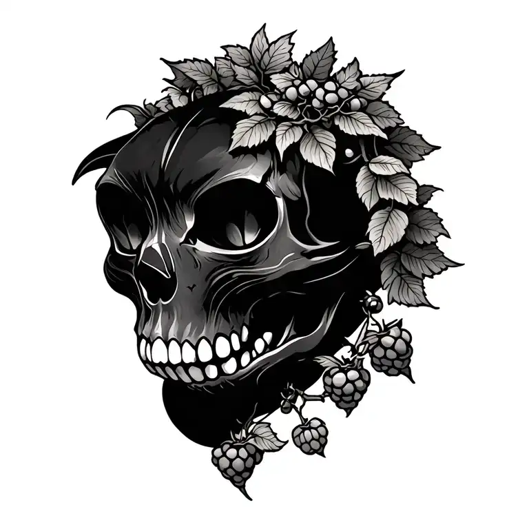 cat skull black with raspbery vine and bumble bee's  tattoo design idea