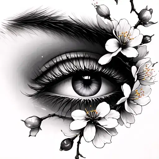 female eye with lashes and cherry blossoms around the eye tattoo design idea