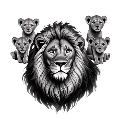 lion and 3 cubs surrounded tattoo design idea