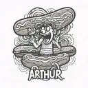 the name Arthur surrounded by cartoon hot dogs tattoo design idea