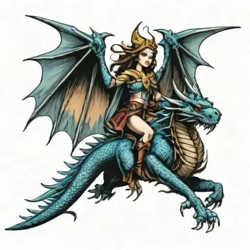 fairy riding flying dragon wrapped tattoo design idea