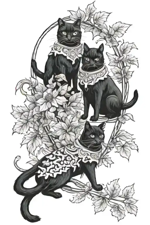 two black cats as knights with foliage  tattoo design idea