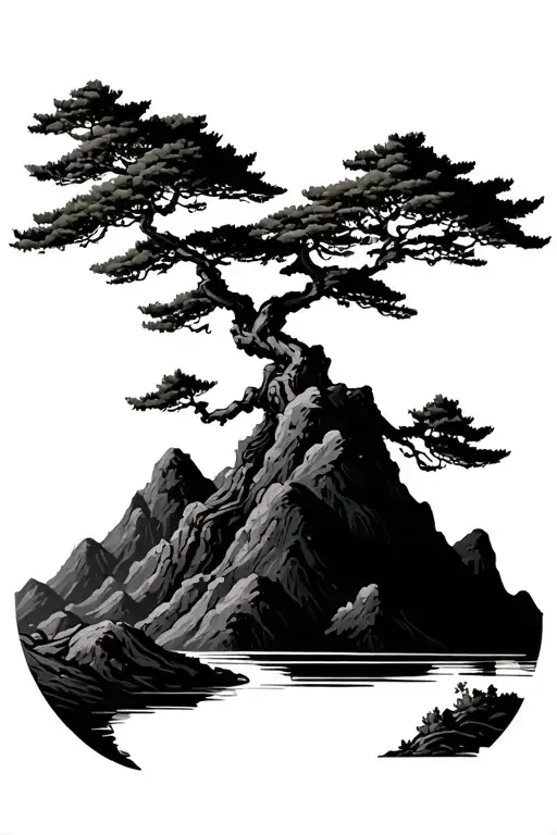 bonsai tree in mountains tattoo design idea